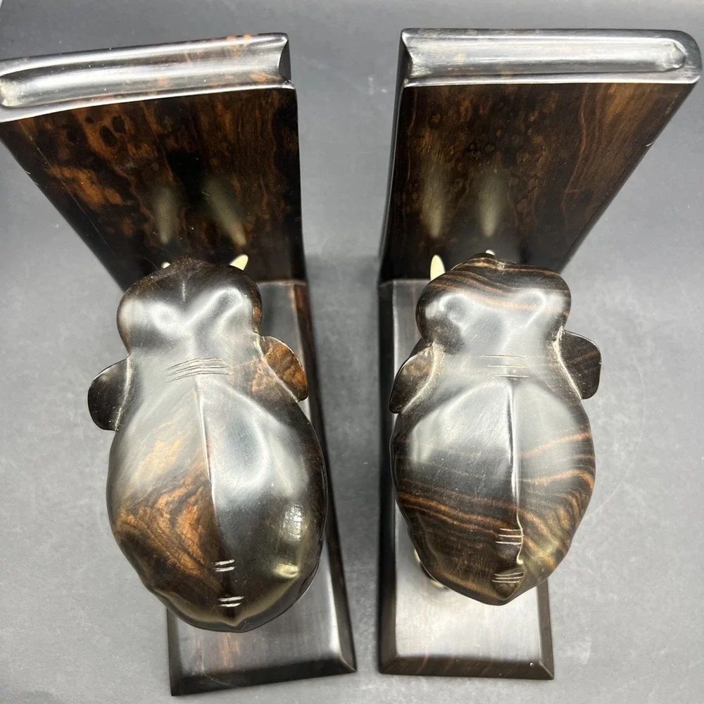 Vintage Hand Carved Nacassar Ebony Elephant Bookends Sliding Dovetail Pair Heavy